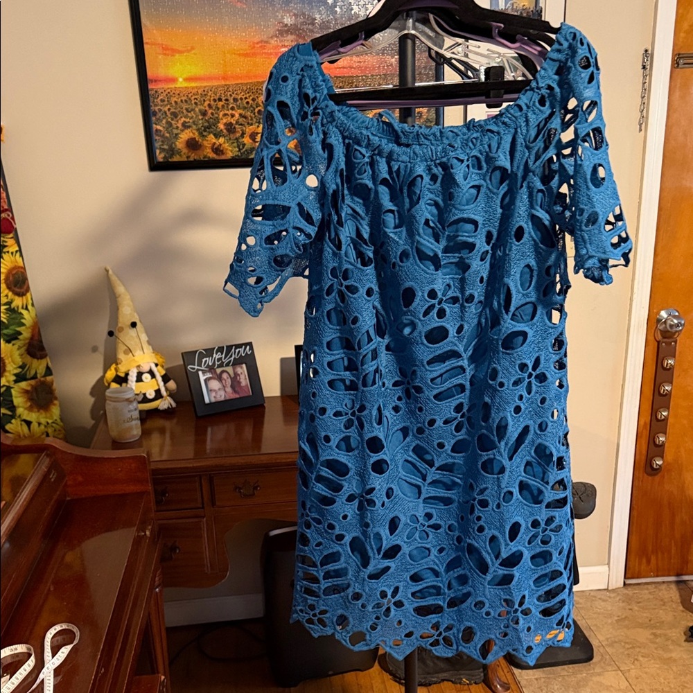 Blue Lined Lace Off-Shoulder Midi Dress